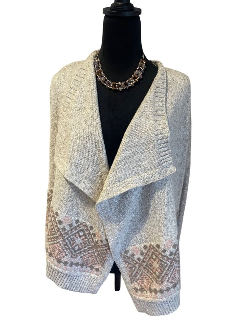 Hollister Waterfall Cardigan Sz S Oatmeal Beige Pink Aztec Open Front Sweater